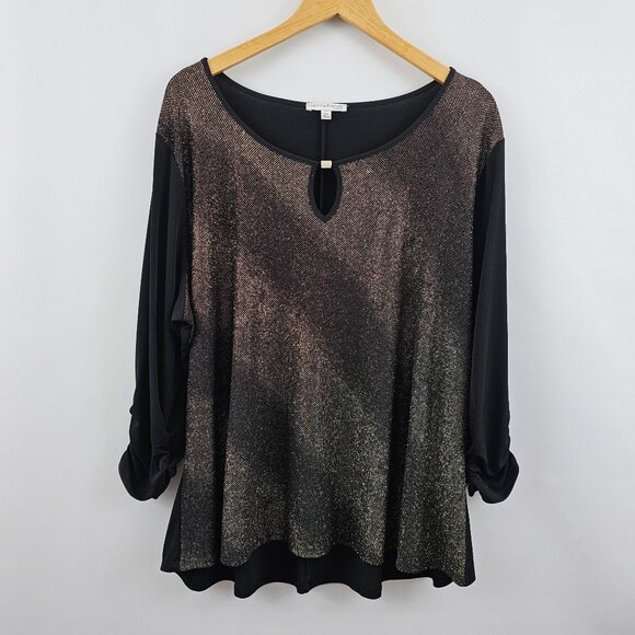 Notations Woman Top 3X Black Gold Sparkle 3/4 Sleeve Keyhole Neck Rhinestone - Picture 12 of 12
